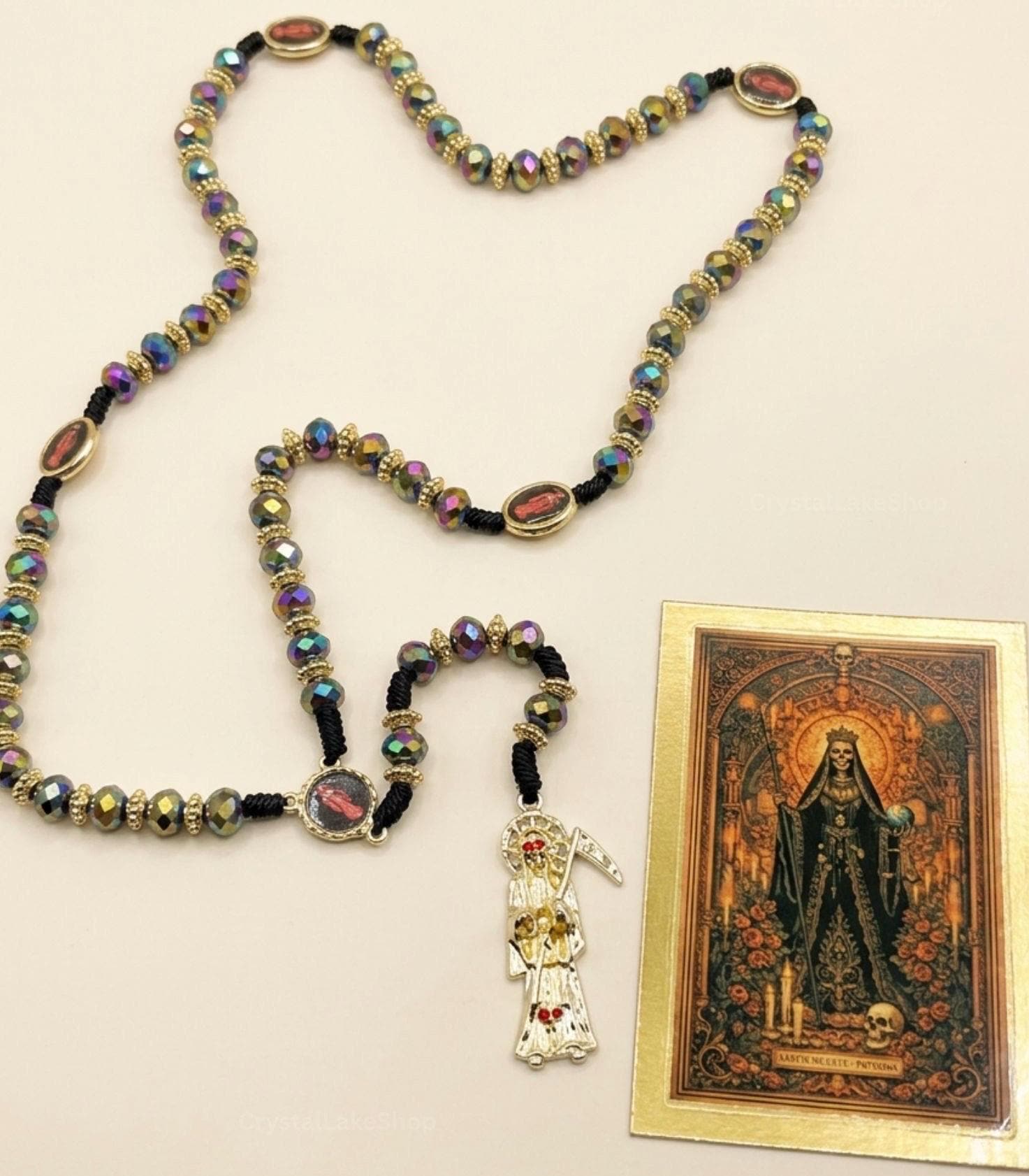 Santa Muerte Crystal Rosary | Iridescent Prayer Beads, Gold Accents, Devotional Pendant