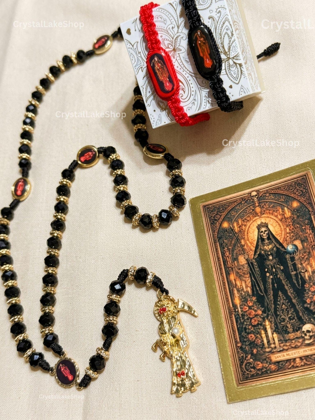 Santa Muerte Black Gold Rosary and Bracelets Set | Spiritual Protection Devotional Jewelry