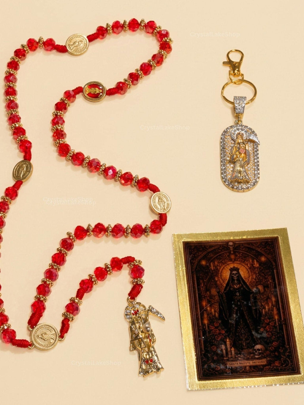 Santa Muerte Rosary, Keychain, Prayer Card Set | Red Gold Devotional Beads