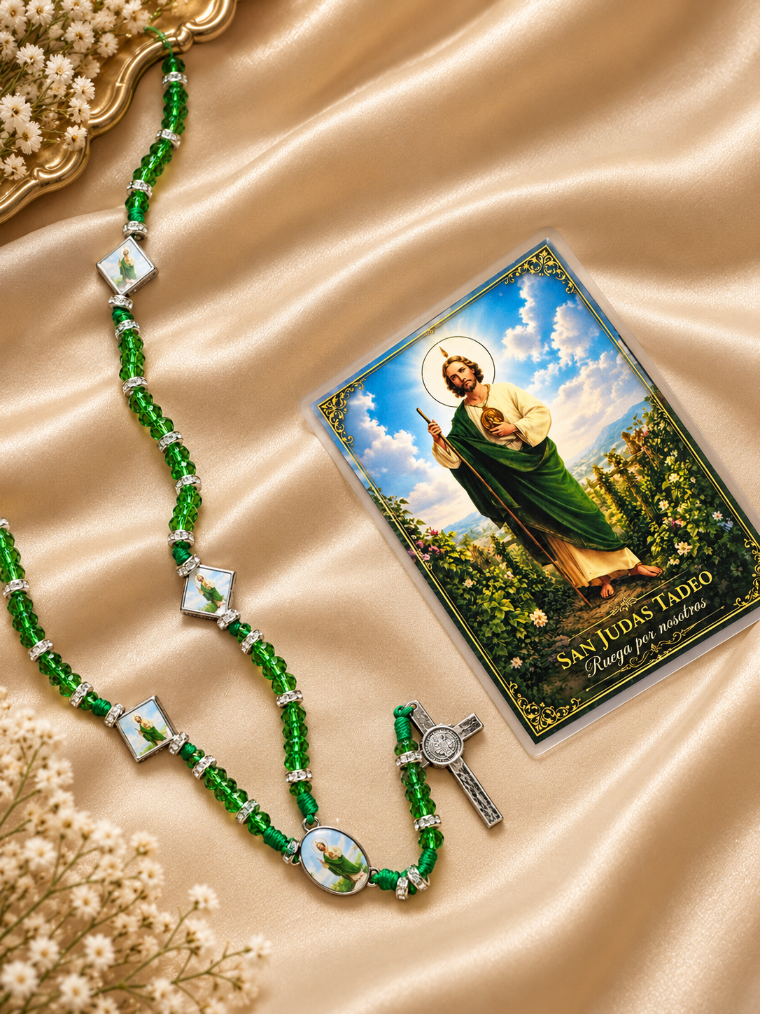 San Judas Tadeo Necklace, Green Beaded Catholic Jewelry, Saint Jude Devotional Gift
