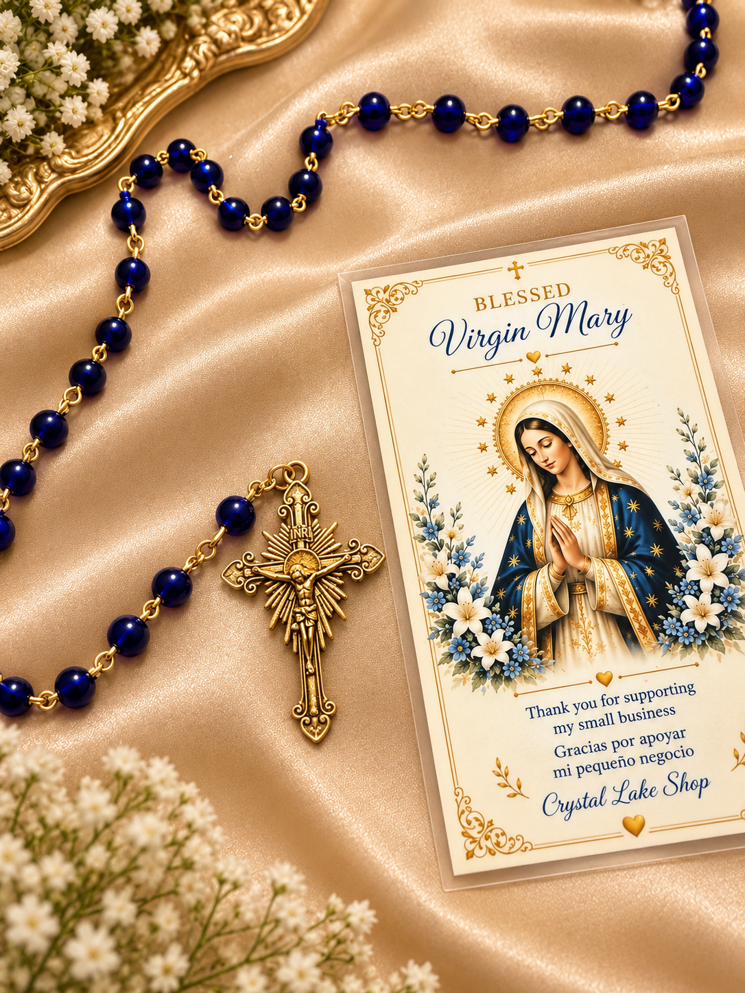 Virgin Mary Rosary, Blue Beaded Catholic Prayer Beads, Marian Devotional Gift
