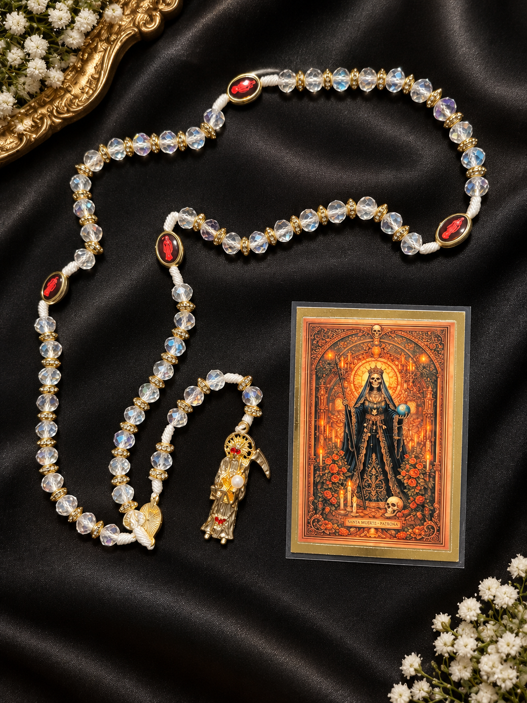Santa Muerte Rosary, White Beaded Prayer Beads, Devotional Gift