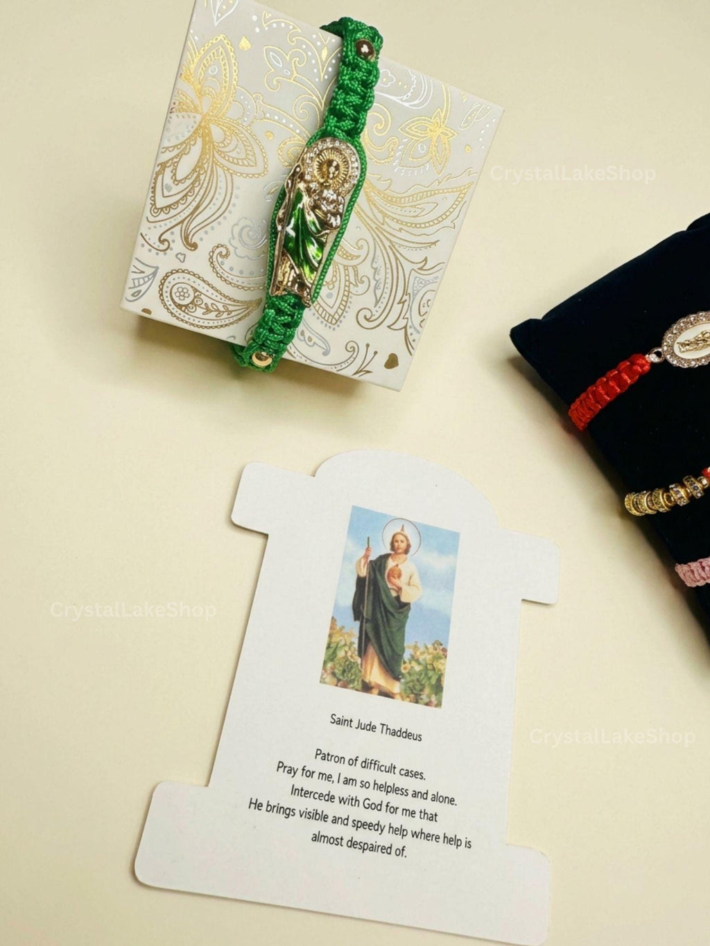 Handmade Saint Jude Bracelet Gift Set | 5 San Judas Tadeo Adjustable Bracelets | Catholic Gift | Prayer Card | Devotional Gift