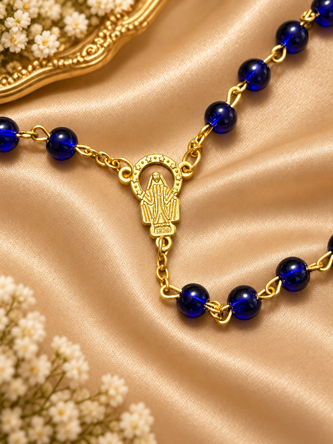 Virgin Mary Rosary, Blue Beaded Catholic Prayer Beads, Marian Devotional Gift