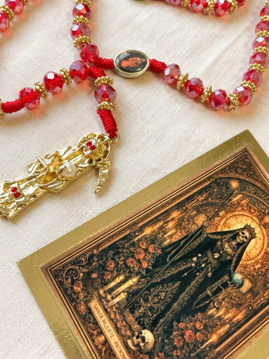Santa Muerte Red Gold Rosary and Bracelets Set | Spiritual Protection Devotional Jewelry