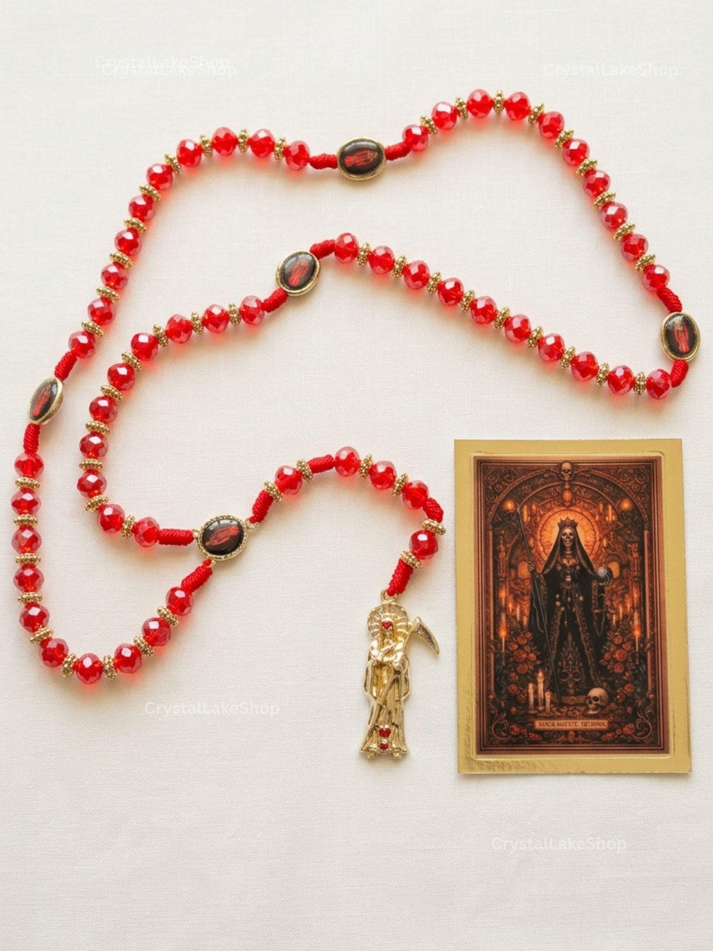 Santa Muerte Rosary | Red & Gold Prayer Beads | Handmade Gothic Catholic Gift | Spiritual Protection Jewelry