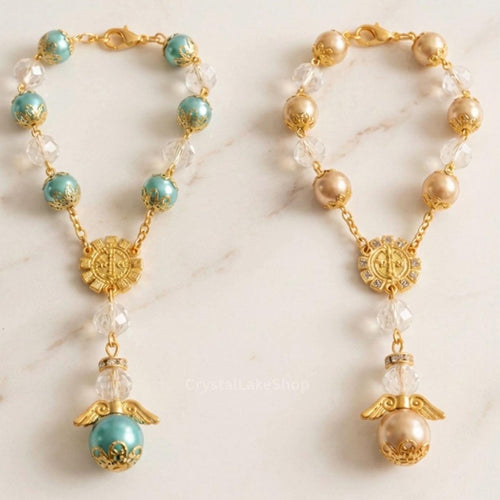 Handmade Catholic Rearview Mirror Charm Gift Set | Set of 2 Pearl Decenarios | Car Rosary | Prayer Card & Devotional Gift