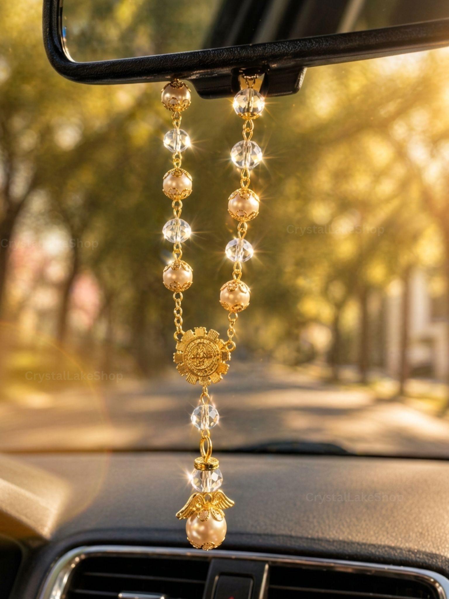 Handmade Catholic Rearview Mirror Charm Gift Set | Set of 2 Pearl Decenarios | Car Rosary | Prayer Card & Devotional Gift
