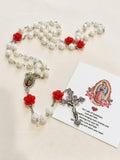 Our Lady of Guadalupe Rosary | Pearl Cream Beads, Red Rose Accents, Silver Crucifix