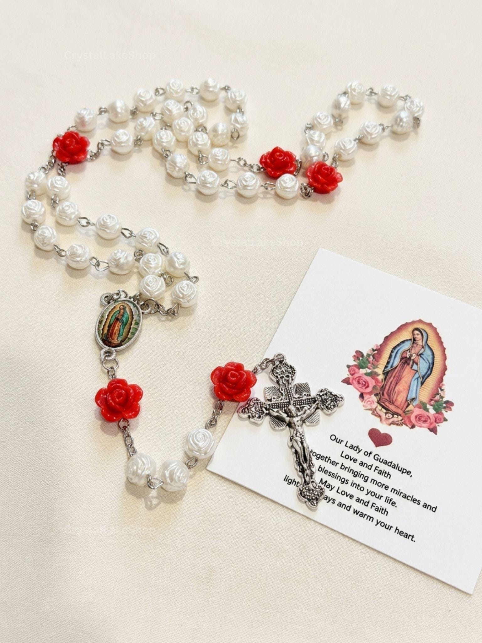 Our Lady of Guadalupe Rosary | Pearl Cream Beads, Red Rose Accents, Silver Crucifix