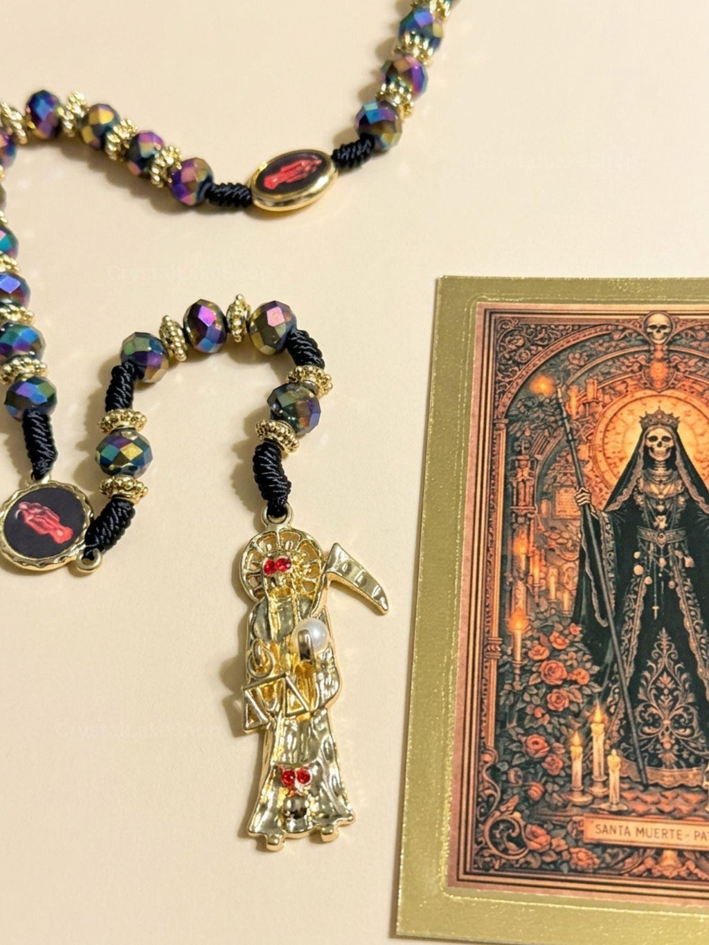 Santa Muerte Crystal Rosary | Iridescent Prayer Beads, Gold Accents, Devotional Pendant
