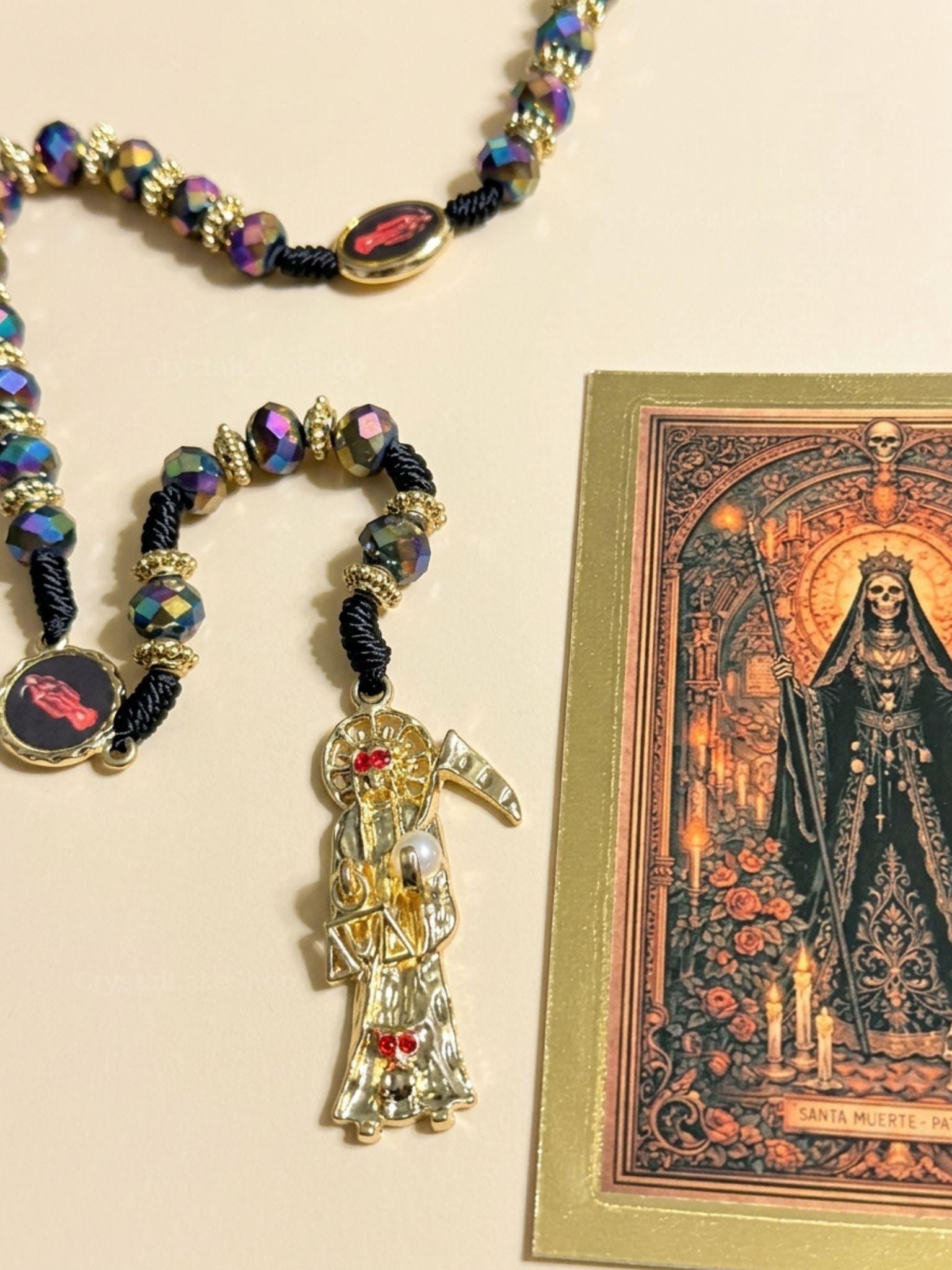Santa Muerte Crystal Rosary | Iridescent Prayer Beads, Gold Accents, Devotional Pendant