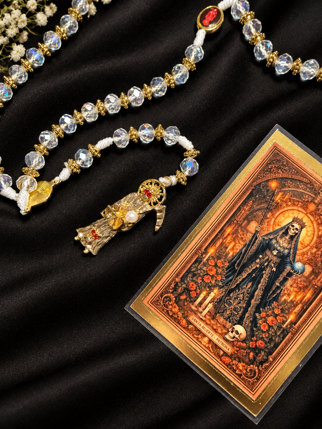 Santa Muerte Rosary, White Beaded Prayer Beads, Devotional Gift