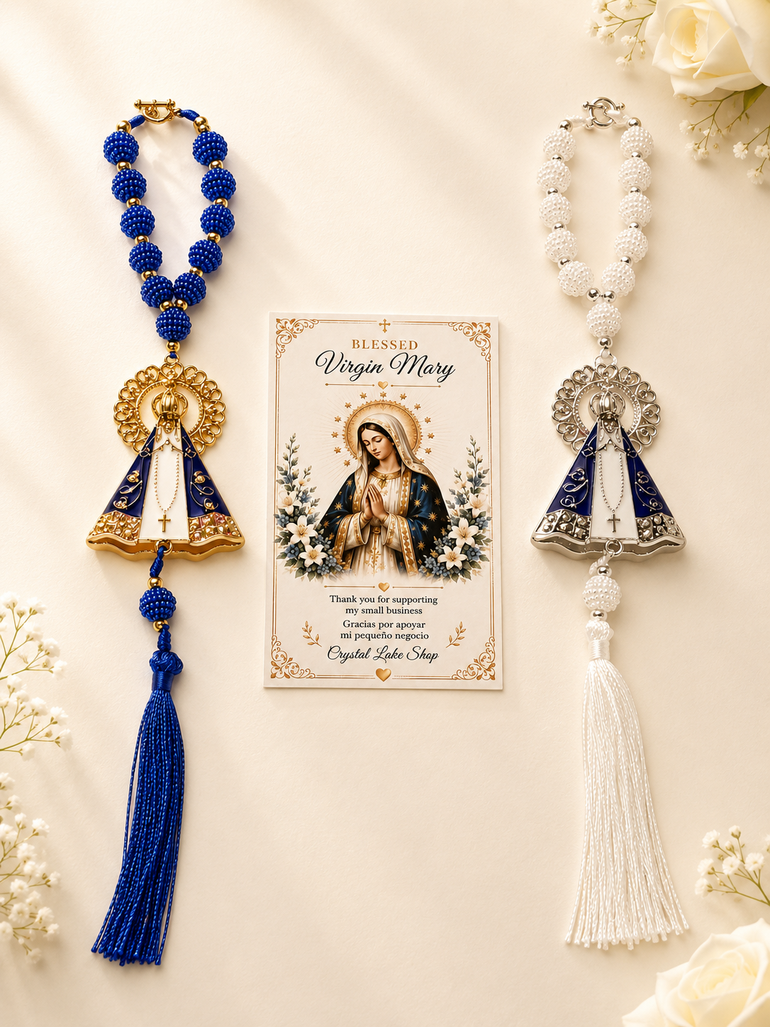Virgin Mary Car Charm Set of 2, Marian Devotional Rearview Mirror Rosary, Catholic Gift