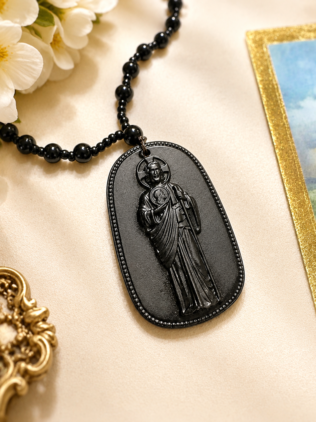 Handmade Black Obsidian San Judas Necklace | Catholic Saint Jude Pendant, Prayer Beads