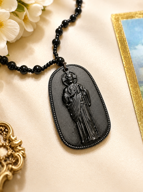 Handmade Black Obsidian San Judas Necklace | Catholic Saint Jude Pendant, Prayer Beads