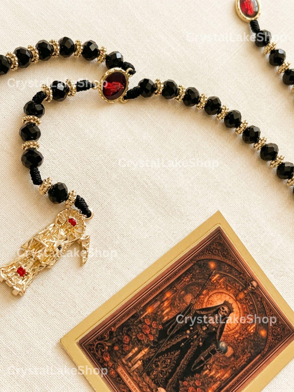Santa Muerte Rosary | Black & Gold Prayer Beads | Handmade Gothic Catholic Gift | Spiritual Protection Jewelry
