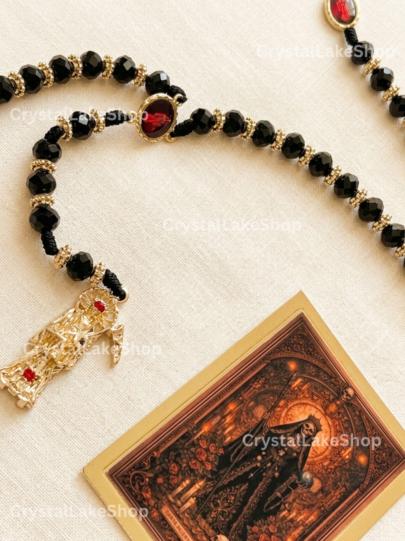 Santa Muerte Rosary | Black & Gold Prayer Beads | Handmade Gothic Catholic Gift | Spiritual Protection Jewelry