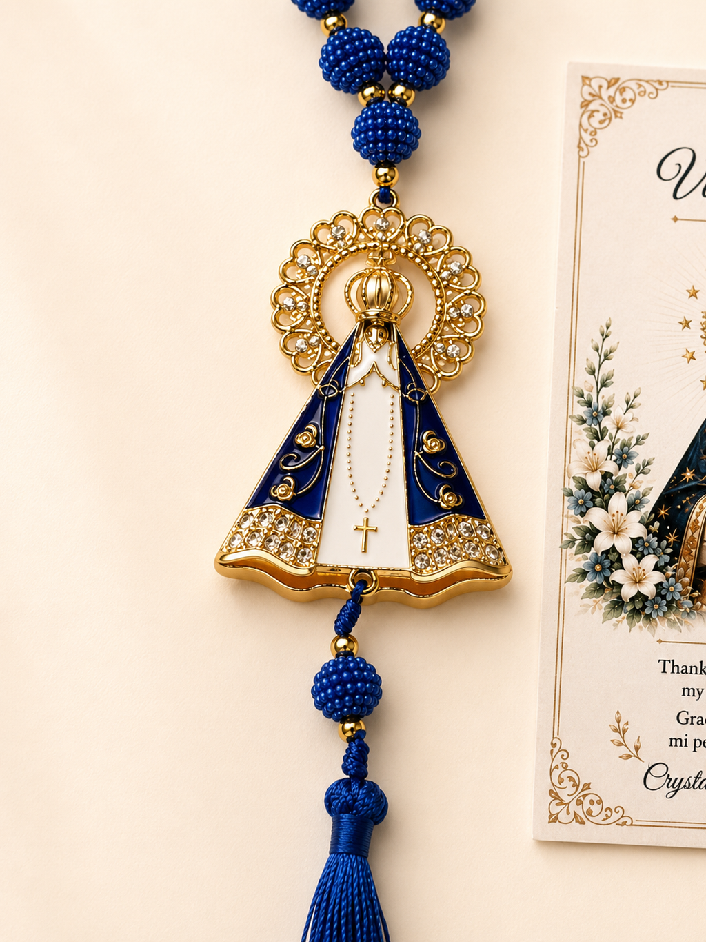Virgin Mary Car Charm Set of 2, Marian Devotional Rearview Mirror Rosary, Catholic Gift