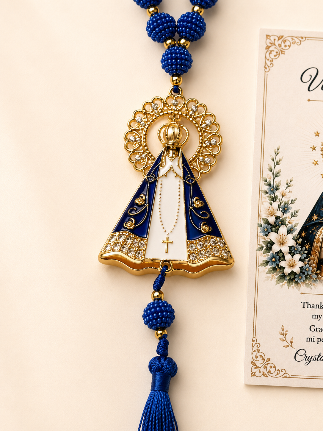 Virgin Mary Car Charm Set of 2, Marian Devotional Rearview Mirror Rosary, Catholic Gift