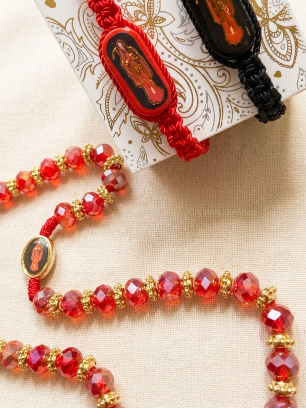 Santa Muerte Red Gold Rosary and Bracelets Set | Spiritual Protection Devotional Jewelry