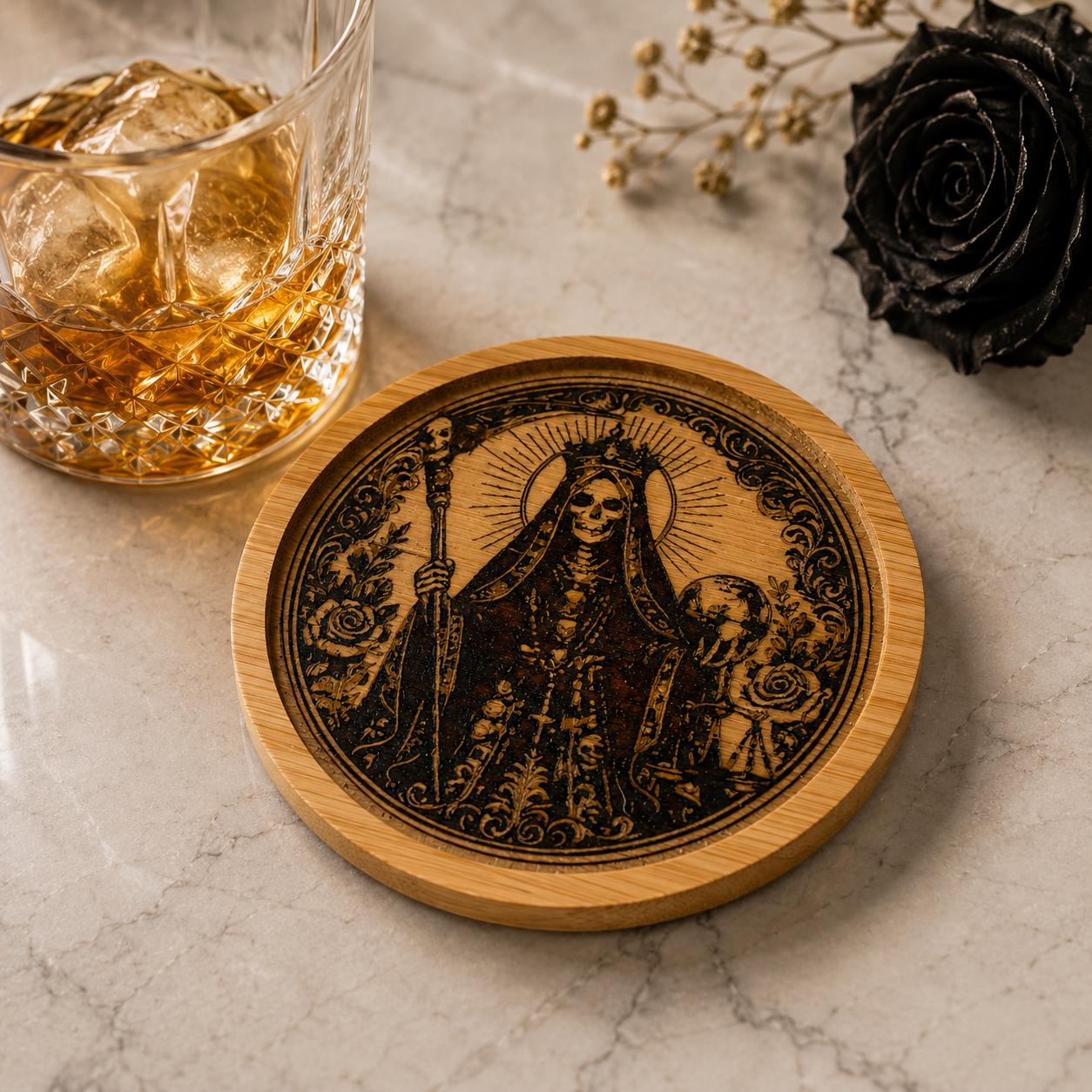 Santa Muerte Bamboo Coaster with Prayer Card | Laser Engraved Gothic Home Decor