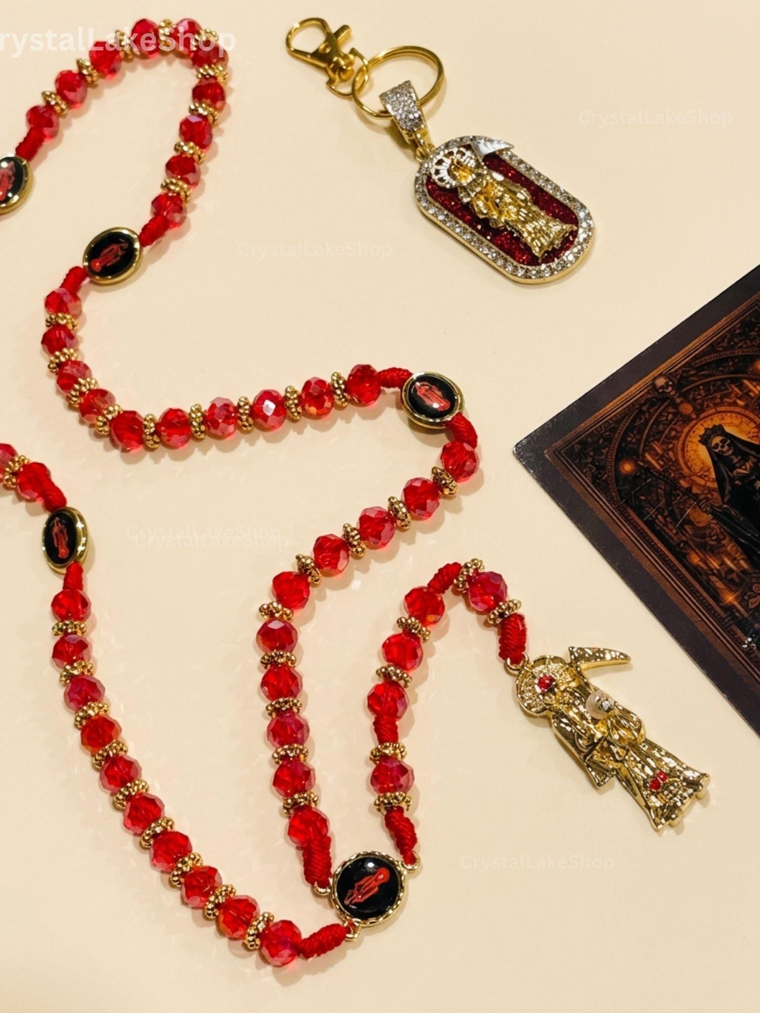 Santa Muerte Rosary, Keychain, Prayer Card Set | Red Gold Devotional Beads