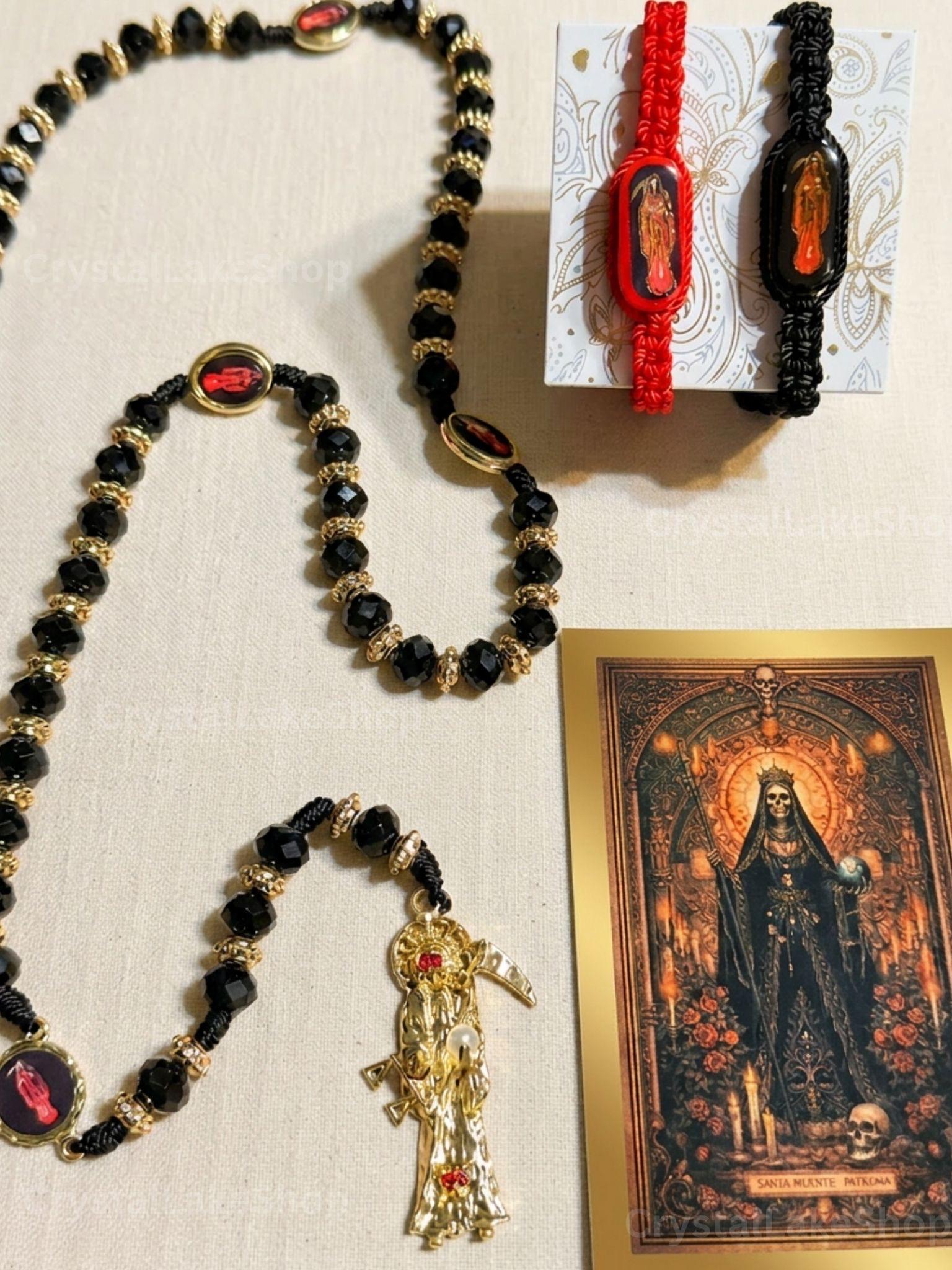 Santa Muerte Black Gold Rosary and Bracelets Set | Spiritual Protection Devotional Jewelry