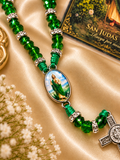 San Judas Tadeo Necklace, Green Beaded Catholic Jewelry, Saint Jude Devotional Gift