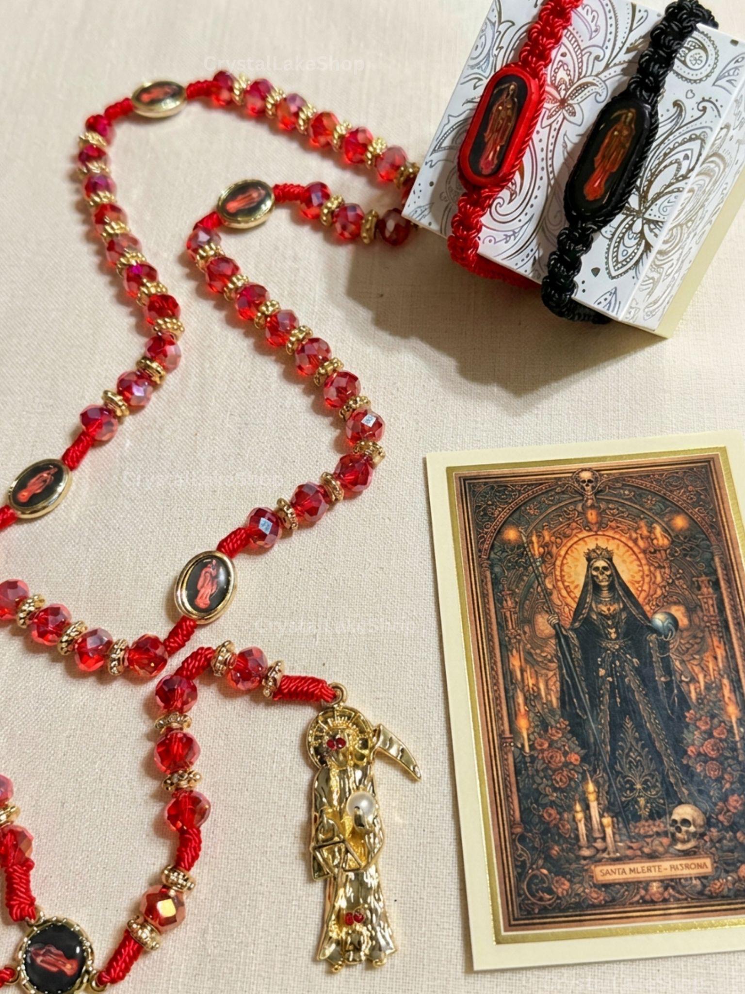 Santa Muerte Red Gold Rosary and Bracelets Set | Spiritual Protection Devotional Jewelry