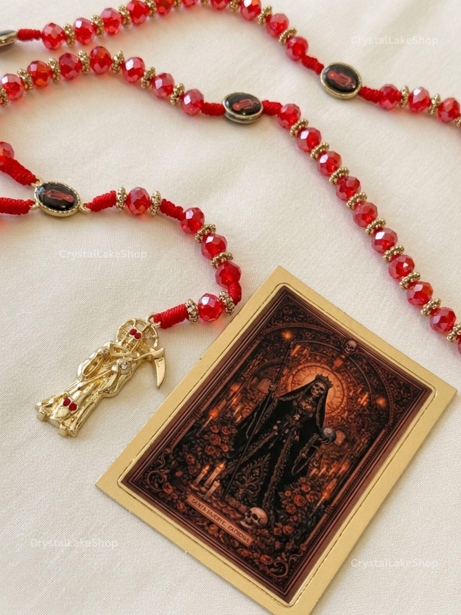 Santa Muerte Rosary | Red & Gold Prayer Beads | Handmade Gothic Catholic Gift | Spiritual Protection Jewelry