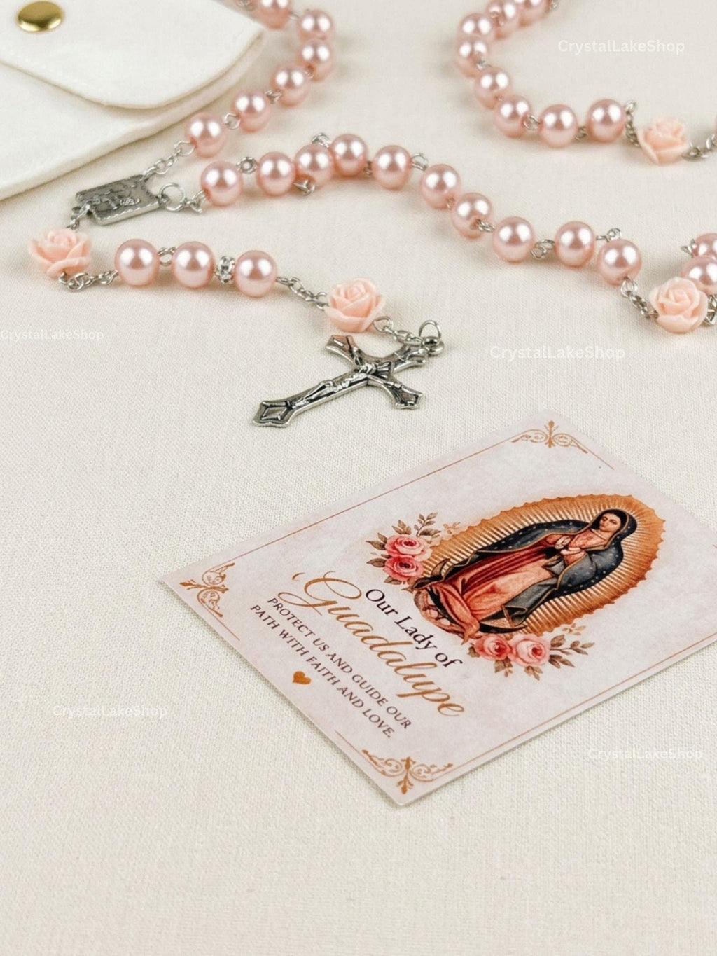 Handmade Rose Gold Virgen de Guadalupe Rosary | Pink Pearl Prayer Beads | Catholic Gift | Prayer Card & Devotional Gift