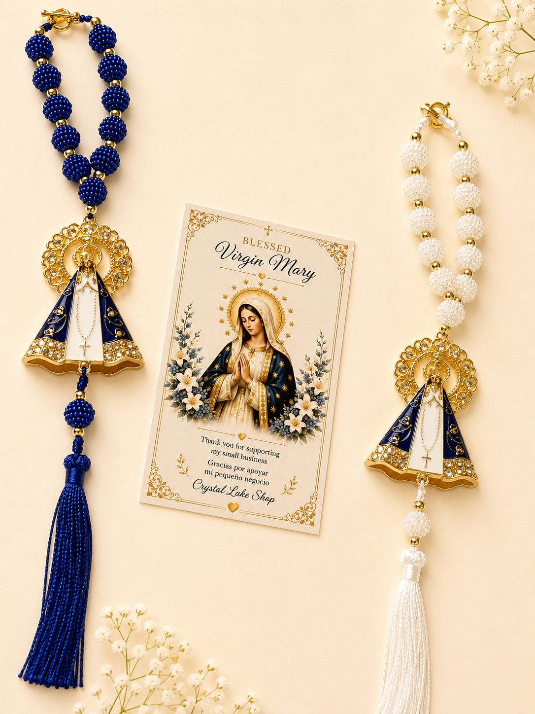 Virgin Mary Car Charm Set of 2, Marian Devotional Rearview Mirror Rosary, Catholic Gift