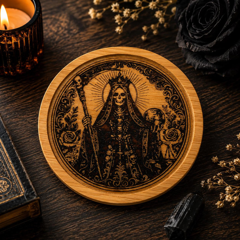 Santa Muerte Bamboo Coaster with Prayer Card | Laser Engraved Gothic Home Decor