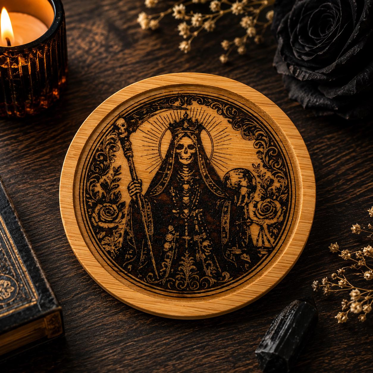 Santa Muerte Bamboo Coaster with Prayer Card | Laser Engraved Gothic Home Decor