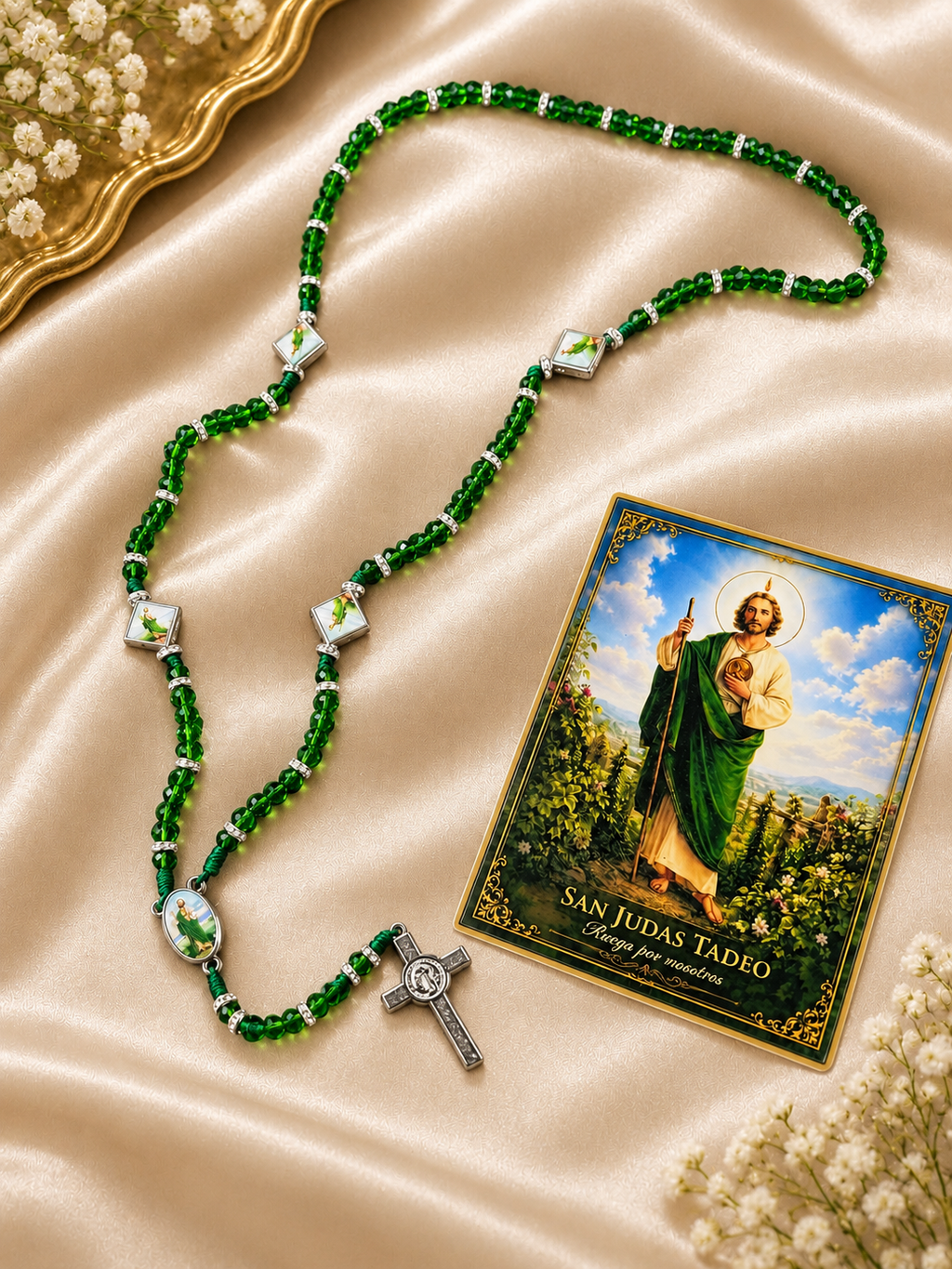 San Judas Tadeo Necklace, Green Beaded Catholic Jewelry, Saint Jude Devotional Gift