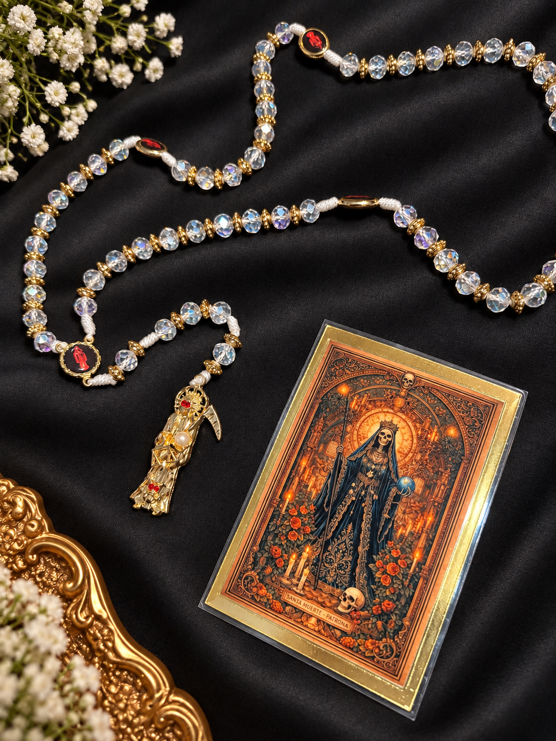 Santa Muerte Rosary, White Beaded Prayer Beads, Devotional Gift