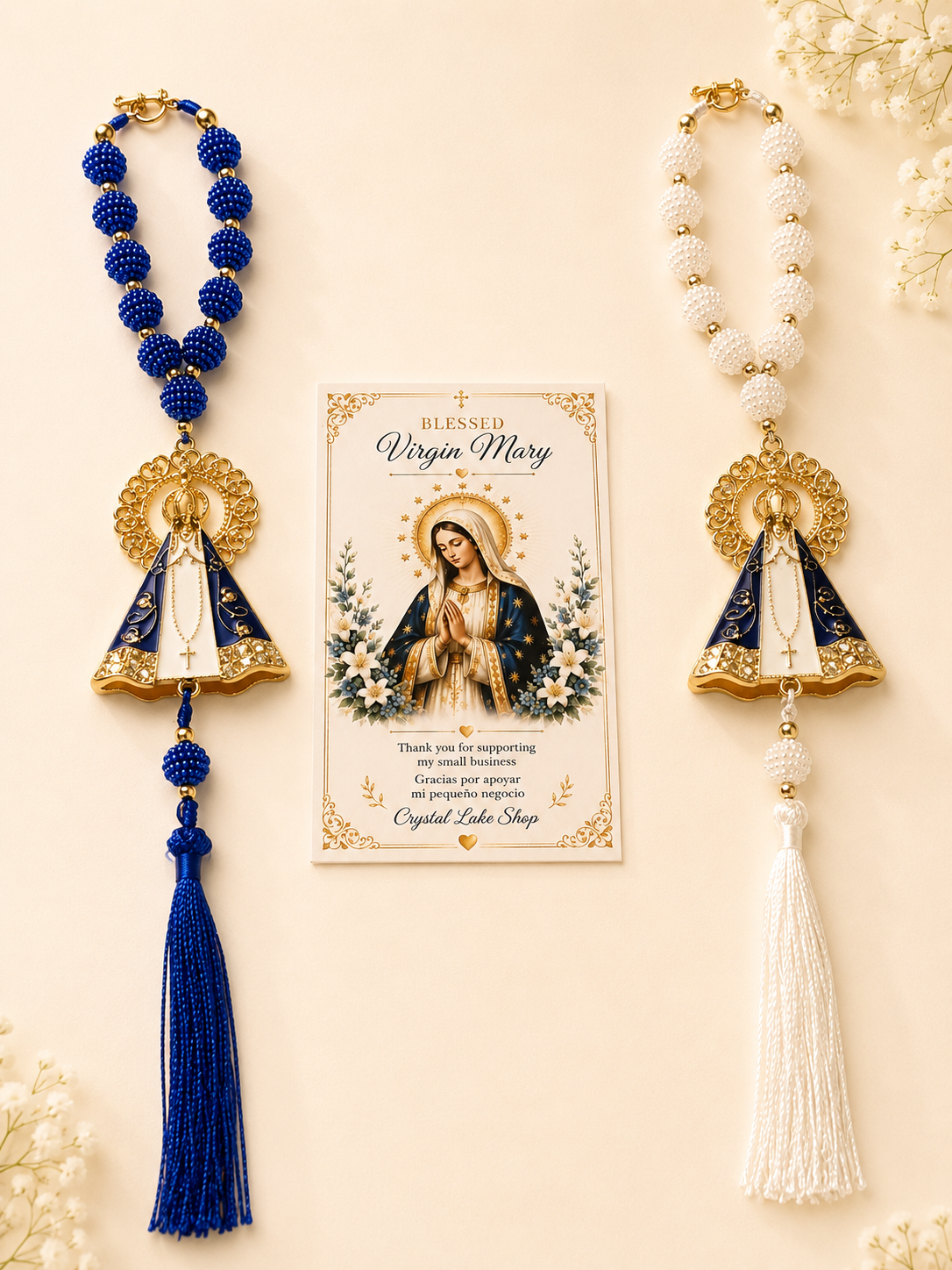 Virgin Mary Car Charm Set of 2, Marian Devotional Rearview Mirror Rosary, Catholic Gift