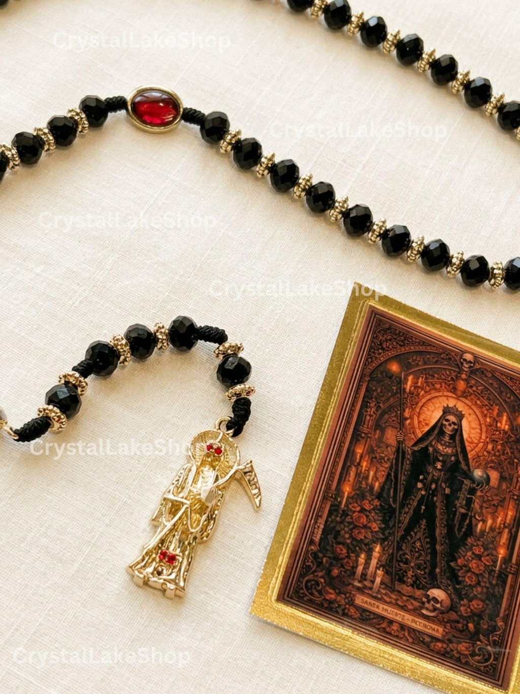 Santa Muerte Rosary | Black & Gold Prayer Beads | Handmade Gothic Catholic Gift | Spiritual Protection Jewelry