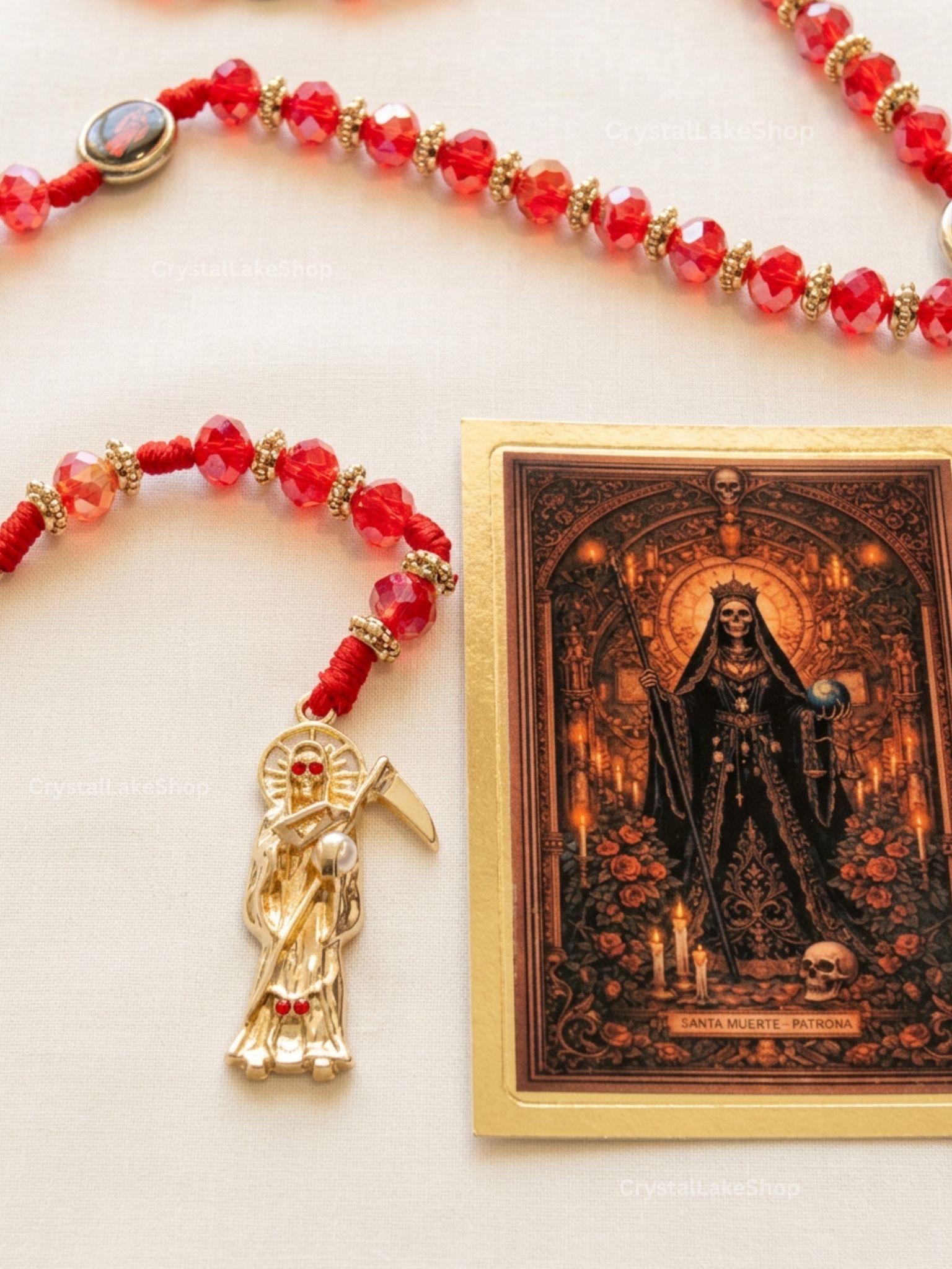 Santa Muerte Rosary | Red & Gold Prayer Beads | Handmade Gothic Catholic Gift | Spiritual Protection Jewelry
