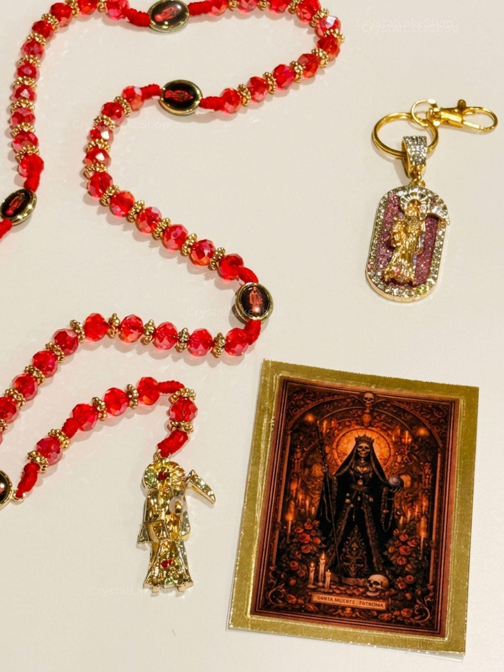 Santa Muerte Rosary, Keychain, Prayer Card Set | Red Gold Devotional Beads