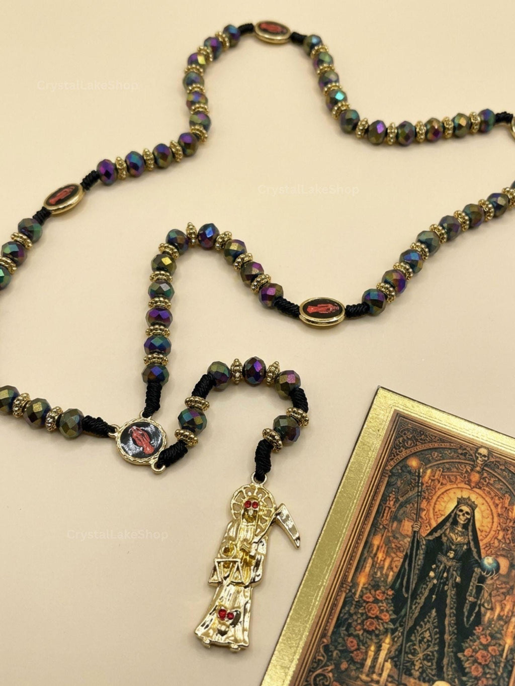 Santa Muerte Crystal Rosary | Iridescent Prayer Beads, Gold Accents, Devotional Pendant