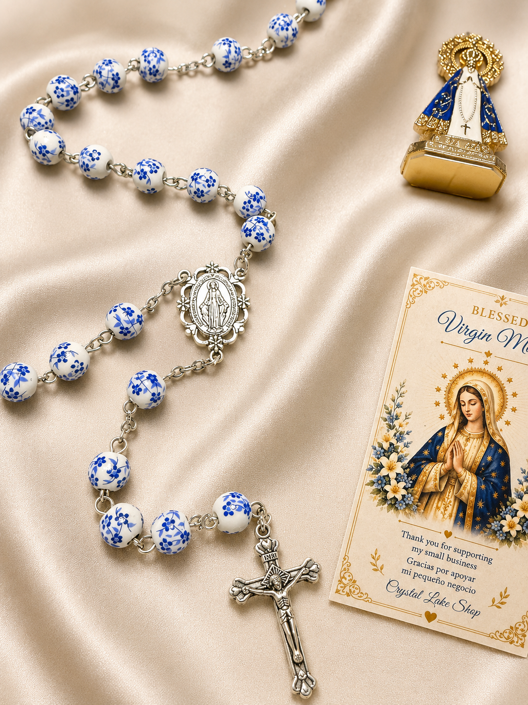 Virgin Mary Rosary, Blue Floral Beads, Catholic Prayer Gift