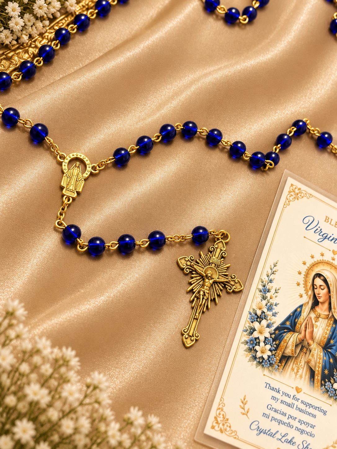 Virgin Mary Rosary, Blue Beaded Catholic Prayer Beads, Marian Devotional Gift