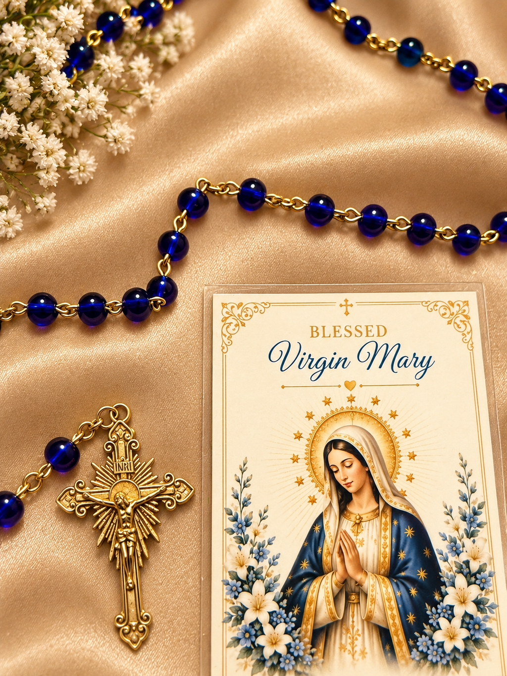 Virgin Mary Rosary, Blue Beaded Catholic Prayer Beads, Marian Devotional Gift