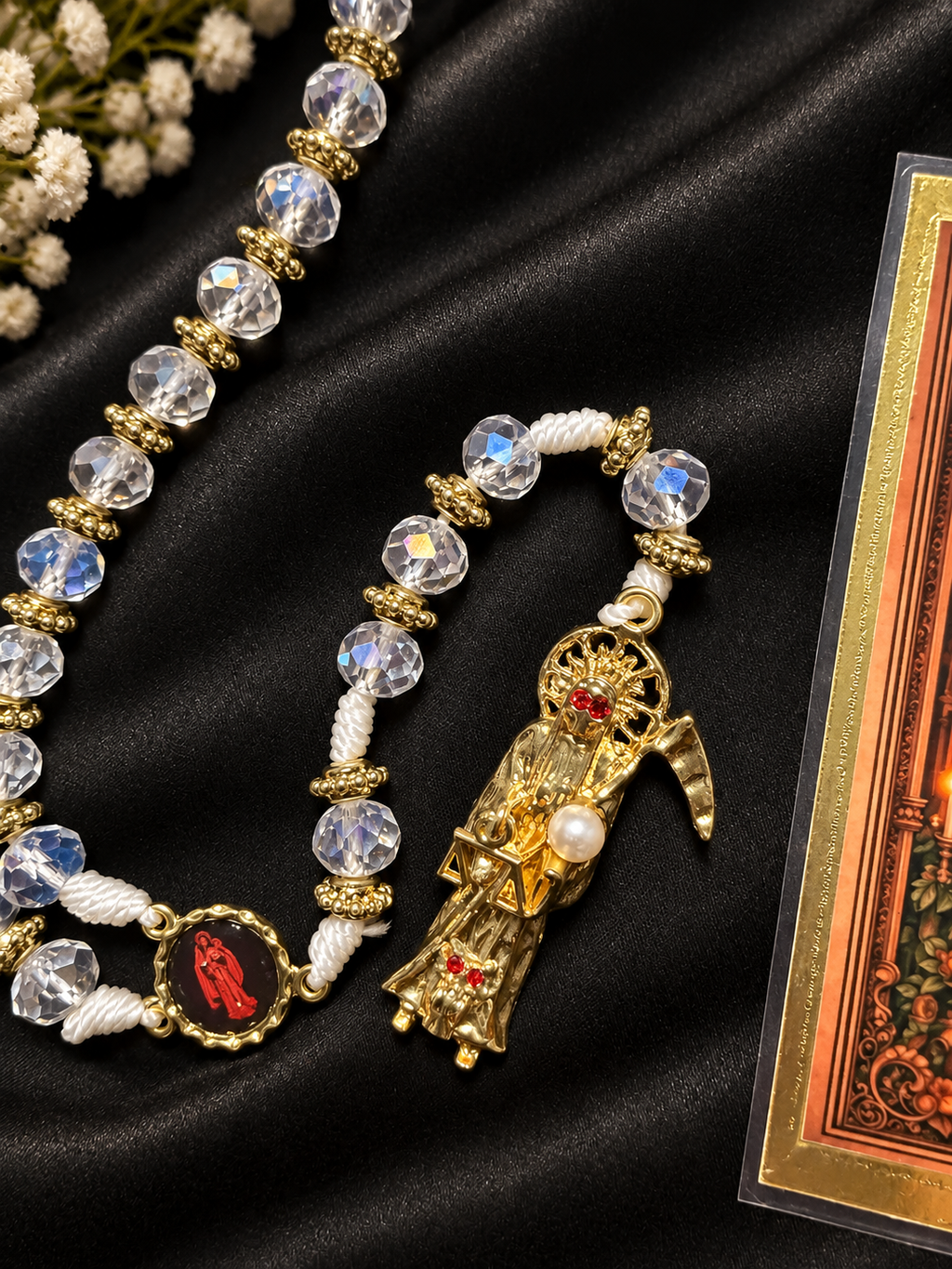 Santa Muerte Rosary, White Beaded Prayer Beads, Devotional Gift