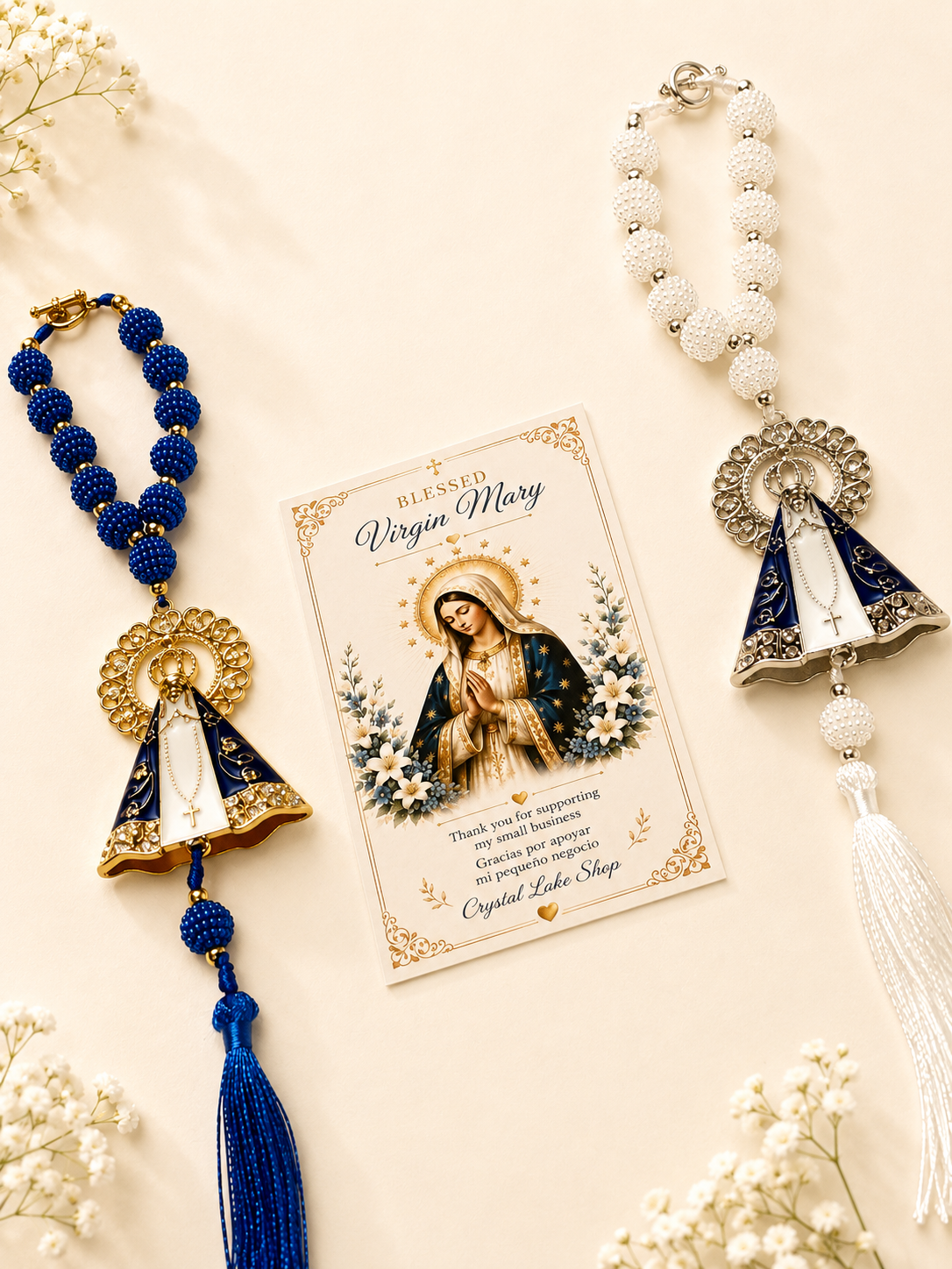 Virgin Mary Car Charm Set of 2, Marian Devotional Rearview Mirror Rosary, Catholic Gift