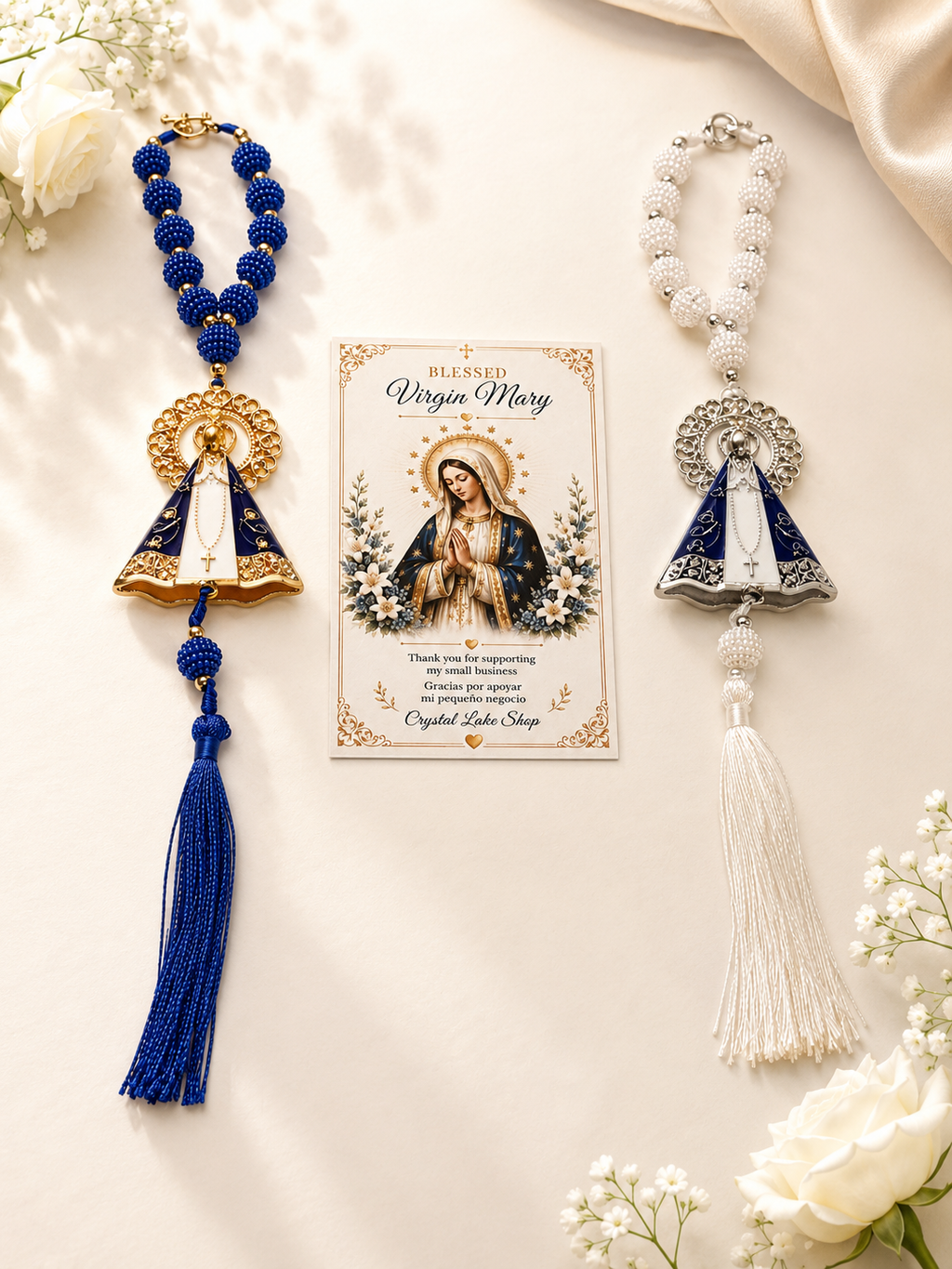 Virgin Mary Car Charm Set of 2, Marian Devotional Rearview Mirror Rosary, Catholic Gift