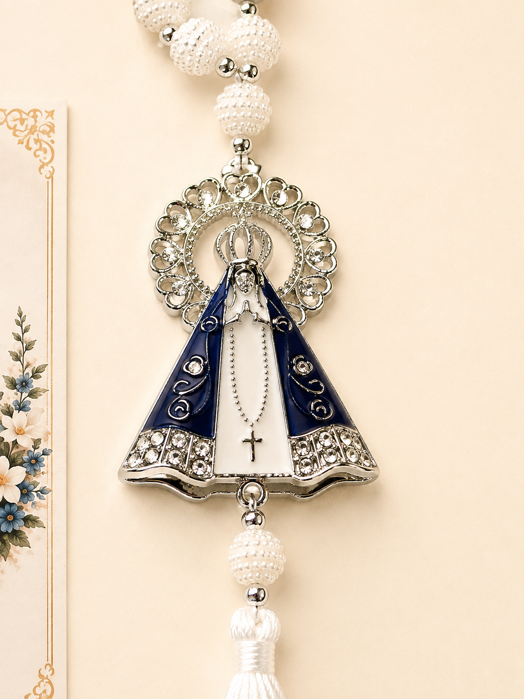 Virgin Mary Car Charm Set of 2, Marian Devotional Rearview Mirror Rosary, Catholic Gift