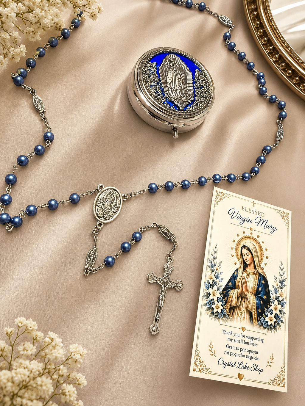 Virgin Mary Rosary, Blue Beaded Catholic Rosary with Gift Box